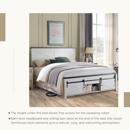 JXQTLINGMU King Farmhouse Wood Bed Frame with Sliding Barn Door Storage, No Box Spring Needed, Antique White