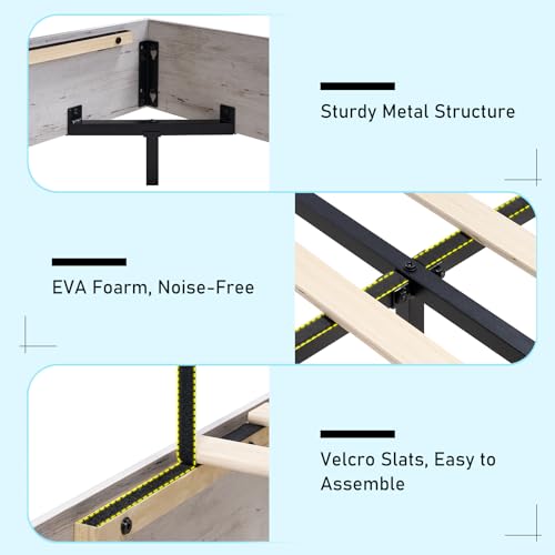 LUXOAK Queen Floating Platform Bed Frame with LED Light and Headboard – Distressed White, No Box Spring, Noise-Free, Easy Assembly