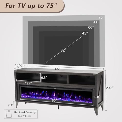 LUXOAK 65 Farmhouse TV Stand with 60 Electric Fireplace for TVs up to 75 - Black