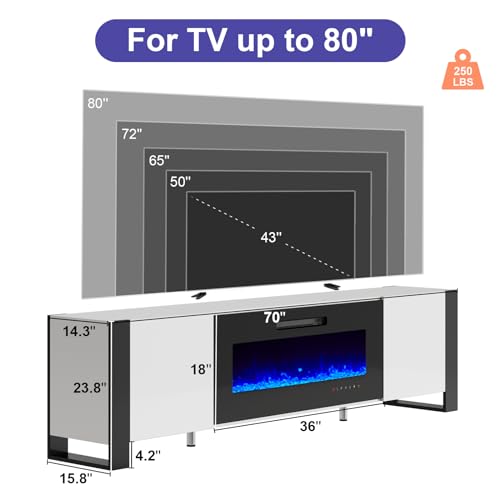LUXOAK 70 U-Shaped Fireplace TV Stand with LED Lights and Mirrored Finish for TVs Up to 80