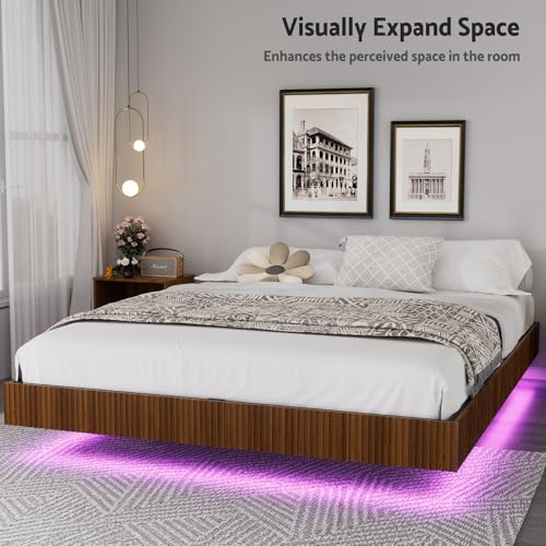 Walnut Queen Floating Bed Frame with LED Lights, Mid Century Modern Platform Bed, No Box Spring Needed