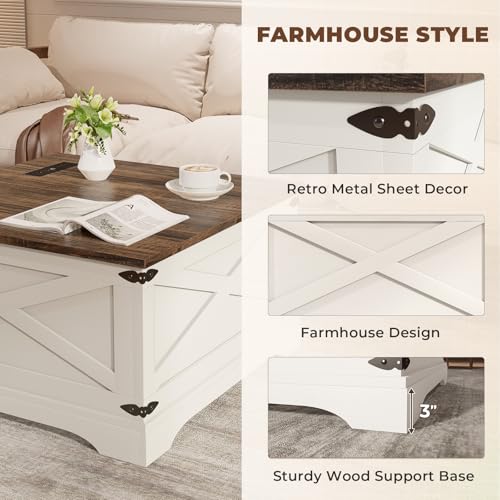 Lift Top Coffee Table with Wireless Charging and Hidden Storage in White, 31.5 Square for Living Room