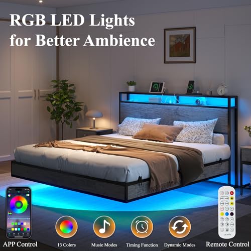 LUXOAK King Floating Bed Frame with LED Lights, Charging Station, and Smart Storage Headboard
