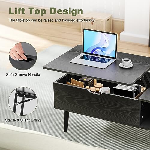 Wood Lift Top Coffee Table with Hidden Compartment and Storage Shelf for Home Office, Black