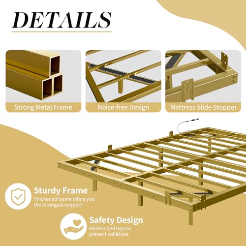 Floating King Size Bed Frame with LED Lights, Modern Metal Platform Bed - Gold.