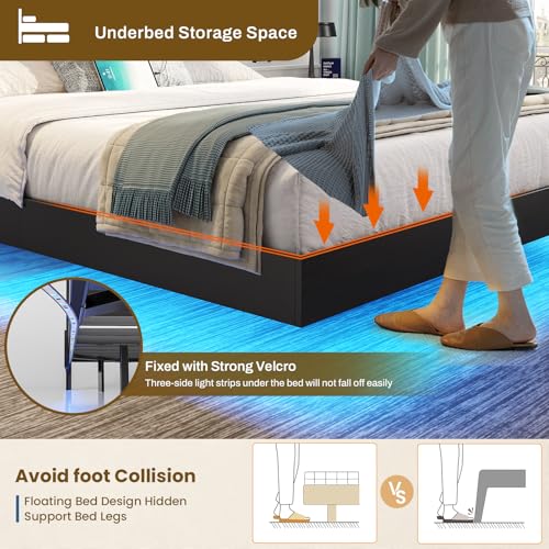 DICTAC Queen Floating Bed Frame with LED Lights and Storage Headboard – No Box Spring Needed, Easy Assembly