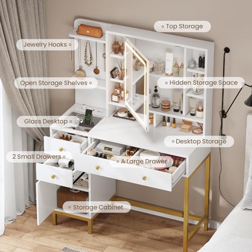 AOGLLATI 3-Color Lighted Makeup Vanity with Mirror, Charging Station, and Storage Shelves