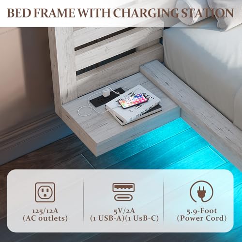 Modern Farmhouse Queen Bed Frame with LED Light & Charging Station